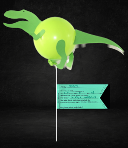 Einladung zur Dino Kindergeburtstagsparty als Dino Luftballon mit Einladungstext