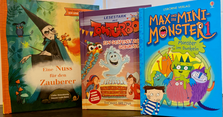 Bücher für Erstleser - 3 Tipps - die Bücher stehen nebeneinander am Boden- die Titel sind: Max und die Minimonster, Tom Turbo Lesestark und Nuss für den Zauberer