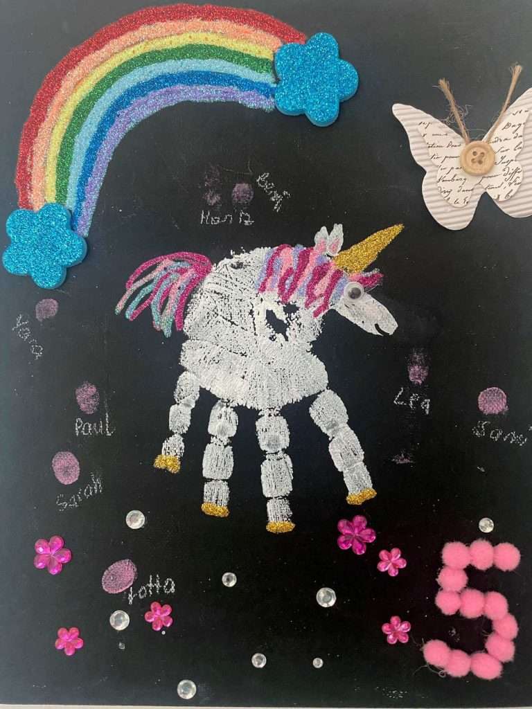 Einhorn Fingerabdruckbild als Erinnerung an den Kindergeburtstag