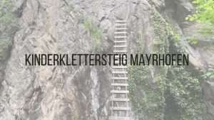 Klettersteig für Kinder geeignet in Mayrhofen Zillertal in Tirol. Man sieht die Holzleiter als Teil des Hochseilgartens für den Familienklettersteig
