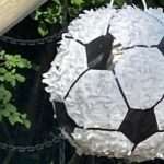 Fußball Pinata zum Kindergeburtstag an einem Ast festgemacht