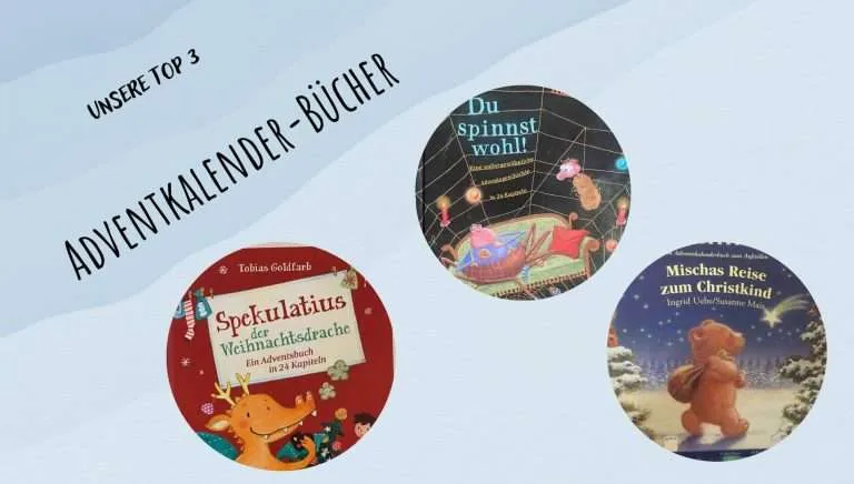 3 Adventskalender Bücher in runden Bildernmit dem Titel