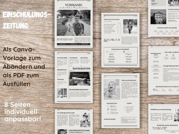 einige Seiten der Einschulungszeitung sind zu sehen mit dem Titel "Einschulungszeitung als Canva Vorlage zum Abändern und als PDF zum Ausfüllen"