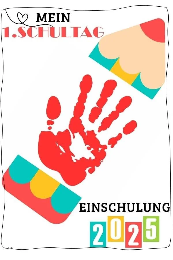 Handabdruck mit Schulranzen und Schulbeginn 2025, Einschulungssymbol, Kindertraining, Schulanfang, ergonomische Lernhilfe, Kindergarten, Vorschule, Kinderentwicklung, Mama Blog, Aufklärung für Eltern, Schulstart Vorbereitung.