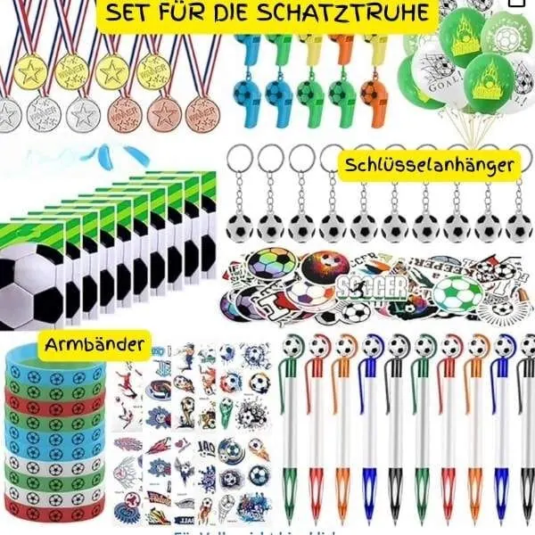 Mitgebsel als Set für die Schatztruhe mit allen Kleinigkeiten von Schlüsselanhängenr und Armbändern über Pfeifen und Medaillen