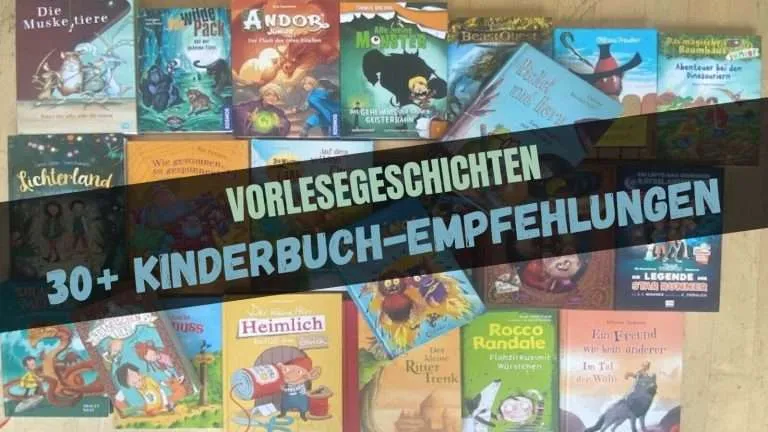 Beitragsbild mit dem Titel Vorlesegeschichten: 30+ Kinderbuch-Empfehlungen mit vielen Büchercovern im Hintergrund