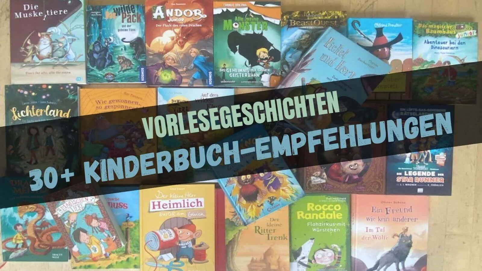 Beitragsbild mit dem Titel Vorlesegeschichten: 30+ Kinderbuch-Empfehlungen mit vielen Büchercovern im Hintergrund