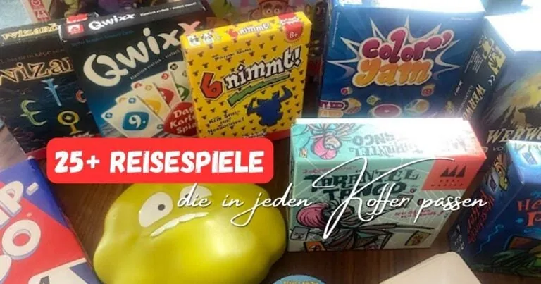Über 25 Reisespiele für den Urlaub, unter anderem Wizard, Qwixx, 6 nimmt, Color'Yam, Tarantel Tango und Werwölfe, bereit zum Einpacken in den Koffer.