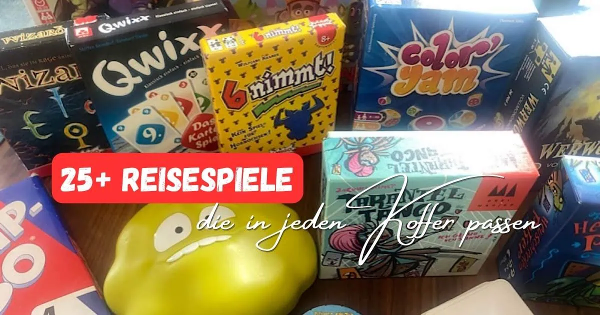Über 25 Reisespiele für den Urlaub, unter anderem Wizard, Qwixx, 6 nimmt, Color'Yam, Tarantel Tango und Werwölfe, bereit zum Einpacken in den Koffer.