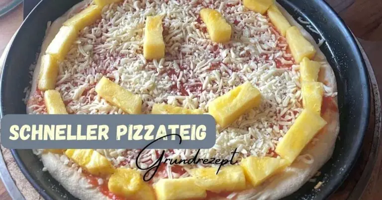 Beitragsbild mit dem Titel "schneller Pizzateig" Grundrezept mit einer Pizza mit Ananas als Smiley im Hintergrund