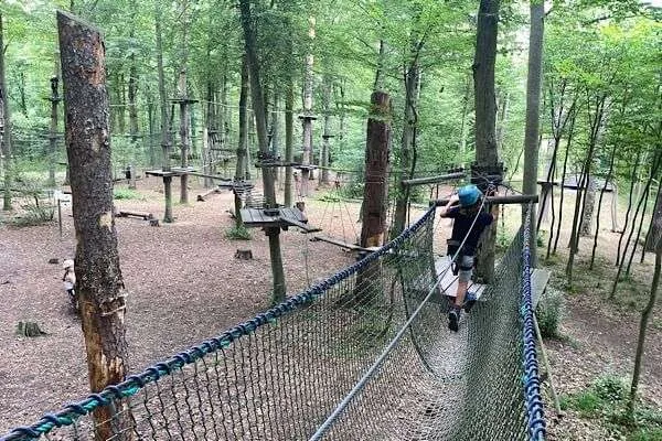 Erlebnispark Rosenburg mit dem Hochseilgarten-element einer Netzhängebrücke im Wald