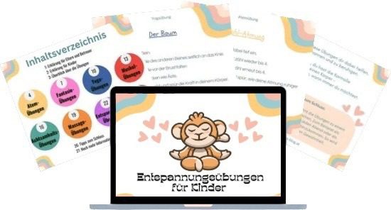 Entspannungsübungen-Kartei: 4 Karteikarten im Hintergrund und ein Computer mit dem Titelbild im Vordergrund