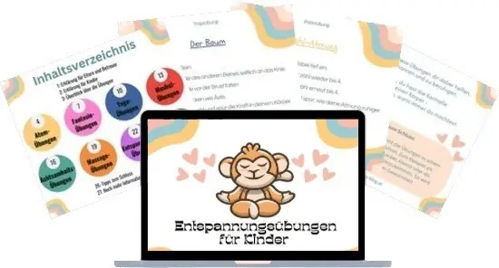Entspannungsübungen-Kartei: 4 Karteikarten im Hintergrund und ein Computer mit dem Titelbild im Vordergrund