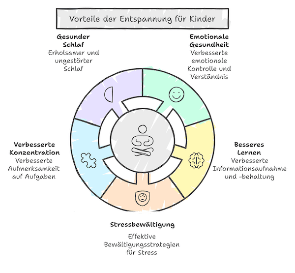 Grafik zu Vorteilen von Entspannung bei Kindern mit einem bunten Kreis und den verschiedenen Vorteilen als text rundherum