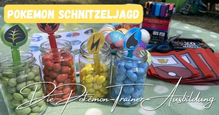 Beitragsbild mit dem Titel: Pokemon Schnitzeljagd - Die Pokemon-Trainer-Ausbildung mit den 4 Elementen in Gläsern im Hintergrund