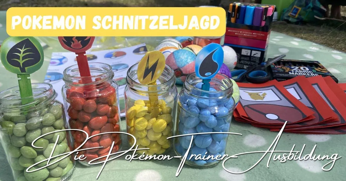 Beitragsbild mit dem Titel: Pokemon Schnitzeljagd - Die Pokemon-Trainer-Ausbildung mit den 4 Elementen in Gläsern im Hintergrund