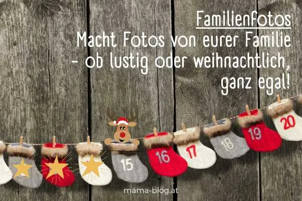 Familienmoment des Tages: ein Adventskalender aus kleinen Schuhen und dem Text der Weihnachtsfotos für die Familie - mit dem Elch auf der 15