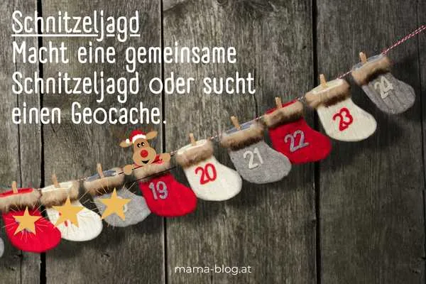 Adventskalender mit dem Elch auf 19 und dem Hinweis auf die Schnitzeljagd Weihnachten