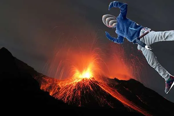 Vulkan mit einem Kind, das ausschaut wie wenn es darüber fliegt (Gesicht ist unkenntlich gemacht)