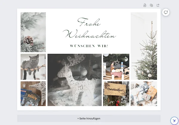 Weihnachtskarte mit Canva gestaltet. mit 8 Familienfotos und der Aufschrift: Frohe Weihnachten, wünschen wir!