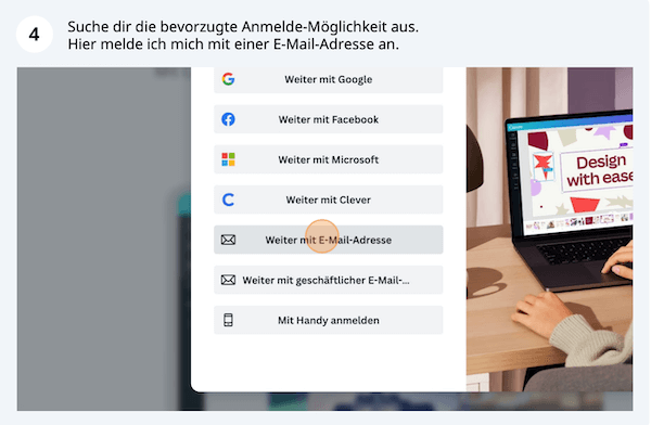 einfacher Screenshot mit der Canva Registrierung mit E-Mail für Anfänger