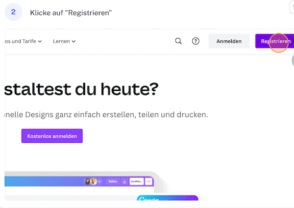 Canva Startseite zu Registrierung ein Screenshot um den richtigen Button zu finden