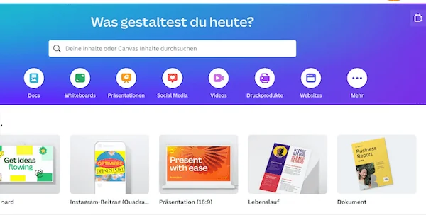 Canva Startseite mit der Suchleiste für Vorlagen
