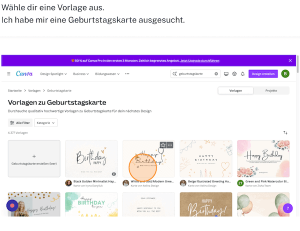 Canva Vorlagen Vorschläge als Screenshot
