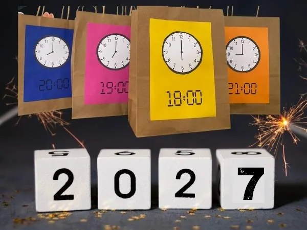 5 bunte Countdown Bags über 4 Würfeln mit den Zahlen 2027