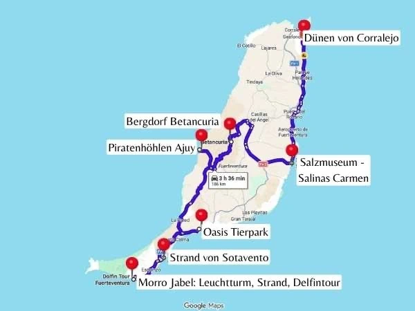 Karte von Fuerteventura mit kinderfreundlichen Sehenswürdigkeiten wie Düne von Corralejo, Piratenhöhlen Ajuí, Salzmuseum Salinas Carmen, Oasis Tierpark, Strand von Sotavento, Morro Jable, Leuchtturm. Quelle: Google Maps