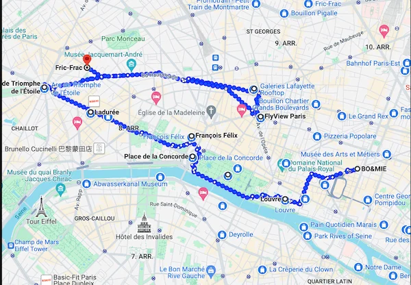 Route vom ersten Tag in Paris
