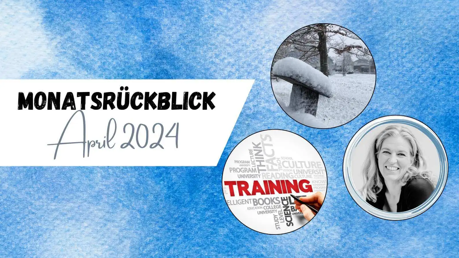 Beitragsbild mit dem Titel Monatsrückblick April 2024 mit 3 kleinen Bildern im Kreis