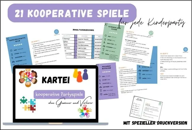 Kartei mit 21 kooperativen Spielen für die Kinderparty: es ist das Deckblatt in einem Computer sichtbar und einige Beispiele von Karteikarten rundherum zu sehen