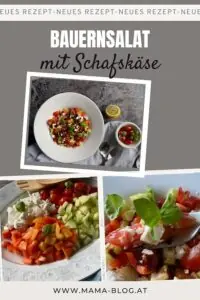 Pin für Pinterest mit dem Titel Bauernsalat mit Schafskäse und drei Bildern mit dem Salat