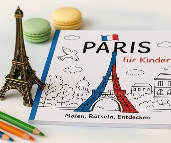 Ein Cover vom Buch "Paris für Kinder" malen, rätseln, entdecken. Daneben ein kleiner Eiffelturm, Stifte zum Ausmalen und Macarons