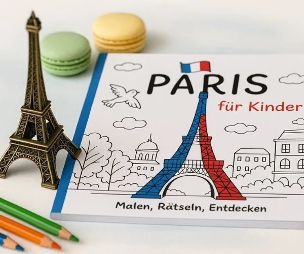 Ein Cover vom Buch "Paris für Kinder" malen, rätseln, entdecken. Daneben ein kleiner Eiffelturm, Stifte zum Ausmalen und Macarons