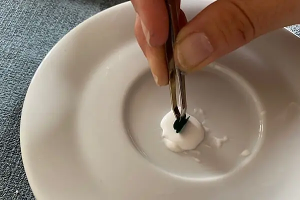 Finger, die mit einer Pinzette einen Schmetterling in einen Kleber tauchen