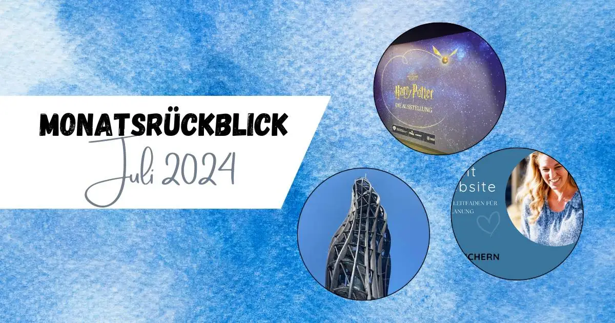 Beitragsbild mit dem Titel Monatsrückblick Juli 2024 mit drei Bildern in kleinen Kreisen