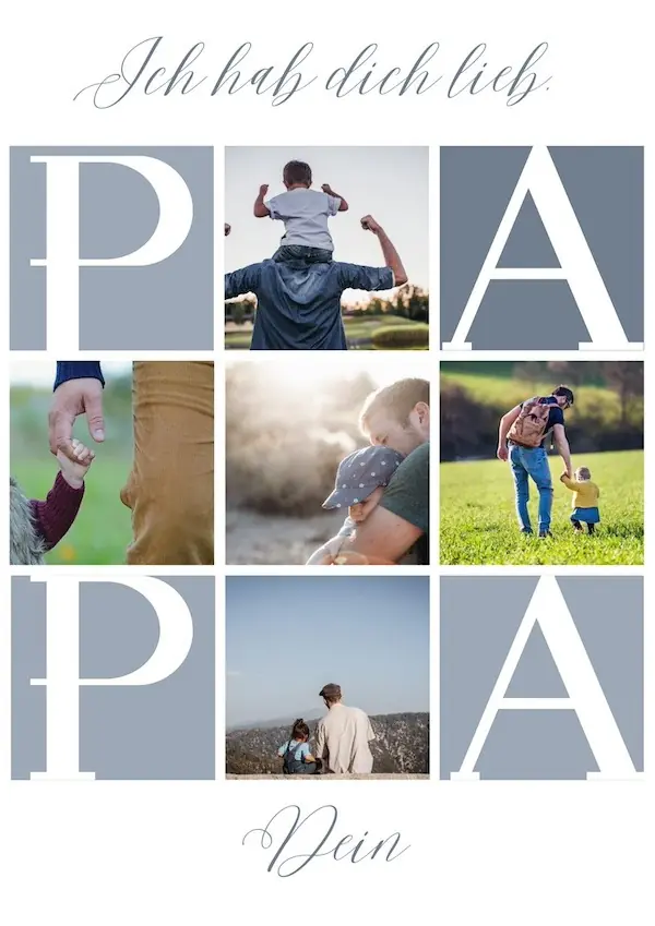 Fotos in einer Fotocollage mit Fotos von Papa und Sohn und dem Schriftzug Papa