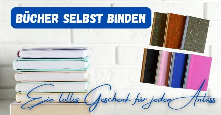 auf der linken Seite sind 5 bücher aufeinander gestapelt, rechts sieht man 7 selbst gebundene Bücher mit unterschiedlichen Covern und dem titel: Bücher selbst binden: Ein tolles Geschenk für jeden Anlass