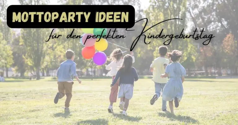 Beitragsbild mit dem Titel Mottoparty Ideen: für den perfekten Hintergrund mit dem Hintergrund von 5 Kindern die mit einem Luftballon auf der Wiese laufen