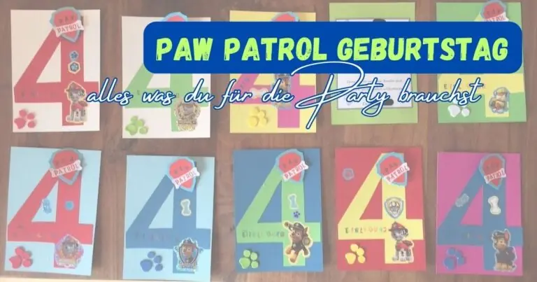 Beitragsbild mit dem Schriftzug: Paw Patrol Geburtstag: alles was du für die Party brauchst mit 10 Einladungskarten mit der Zahl 4 und Paw Patrol Logo drauf