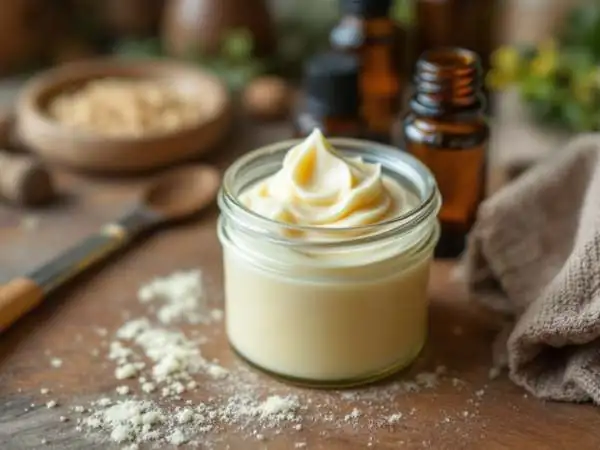 Brustwohlbalsam in einem kleinen Glas auf einem Holzuntergrund