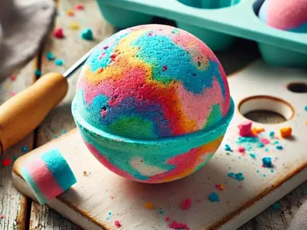 eine ganz bunte Kugel, die die Badebombe darstellt