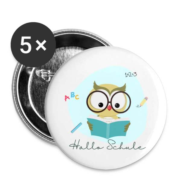 Buttons mit einer Eule und der Schrift "Hallo Schule" und dem Button 5x