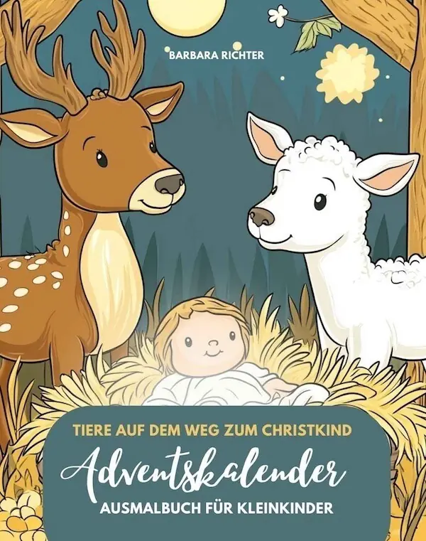 Ein Buchcover mit dem Jesuskind in der Krippe und einem Reh und Schaf, die daneben stehen