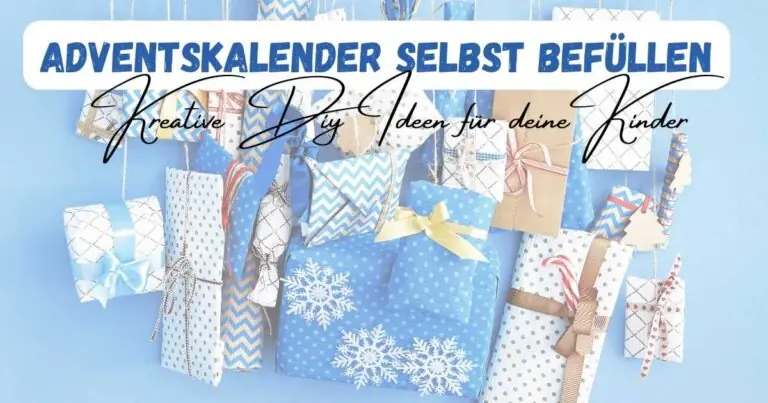 Beitragsbild mit dem Titel: Adventskalender selbst befallen: Kreative DIY Ideen für deine Kinder und einem Hintergrund in blau gehalten mit vielen verpackten Päcken mit Schleifen