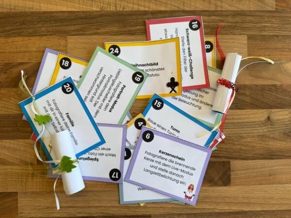 Foto-Adventskalender für Kinder: 24 Fotoaufgaben-Kärtchen zum Ausdrucken, perfekt für die Adventszeit mit Kindern ab 8 Jahren.