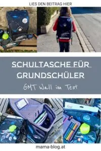 Pin für Pinterest mit dem Titel Schultasche für Grundschüler und einem Kind mit Schultasche