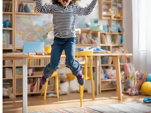 Kind springt in die Luft in einem Kinderzimmer